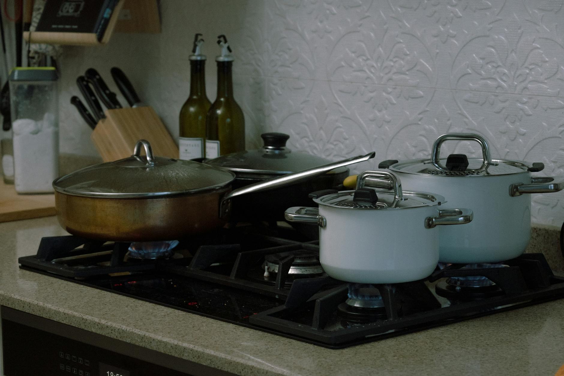 pots and pans on gas stove