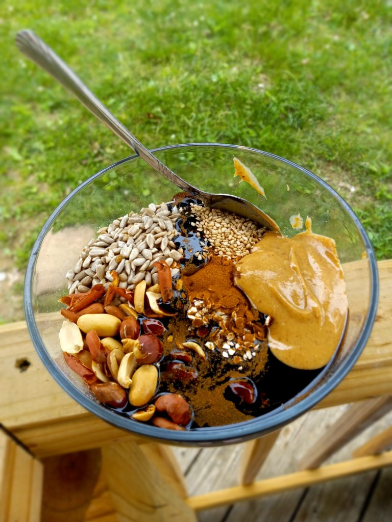 bowl of peanut butter rawnola on a ledge with greenery in the background