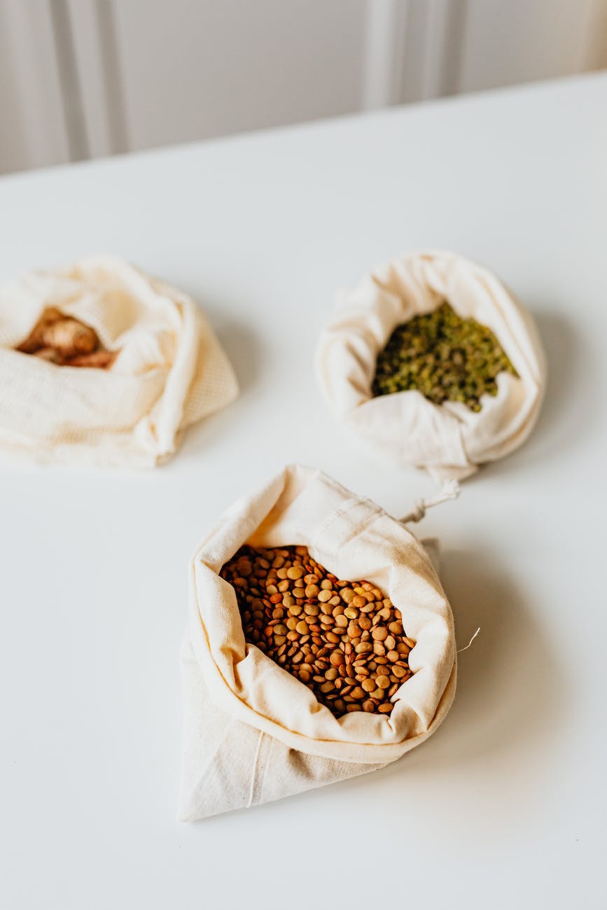 lentil grains in cotton bags