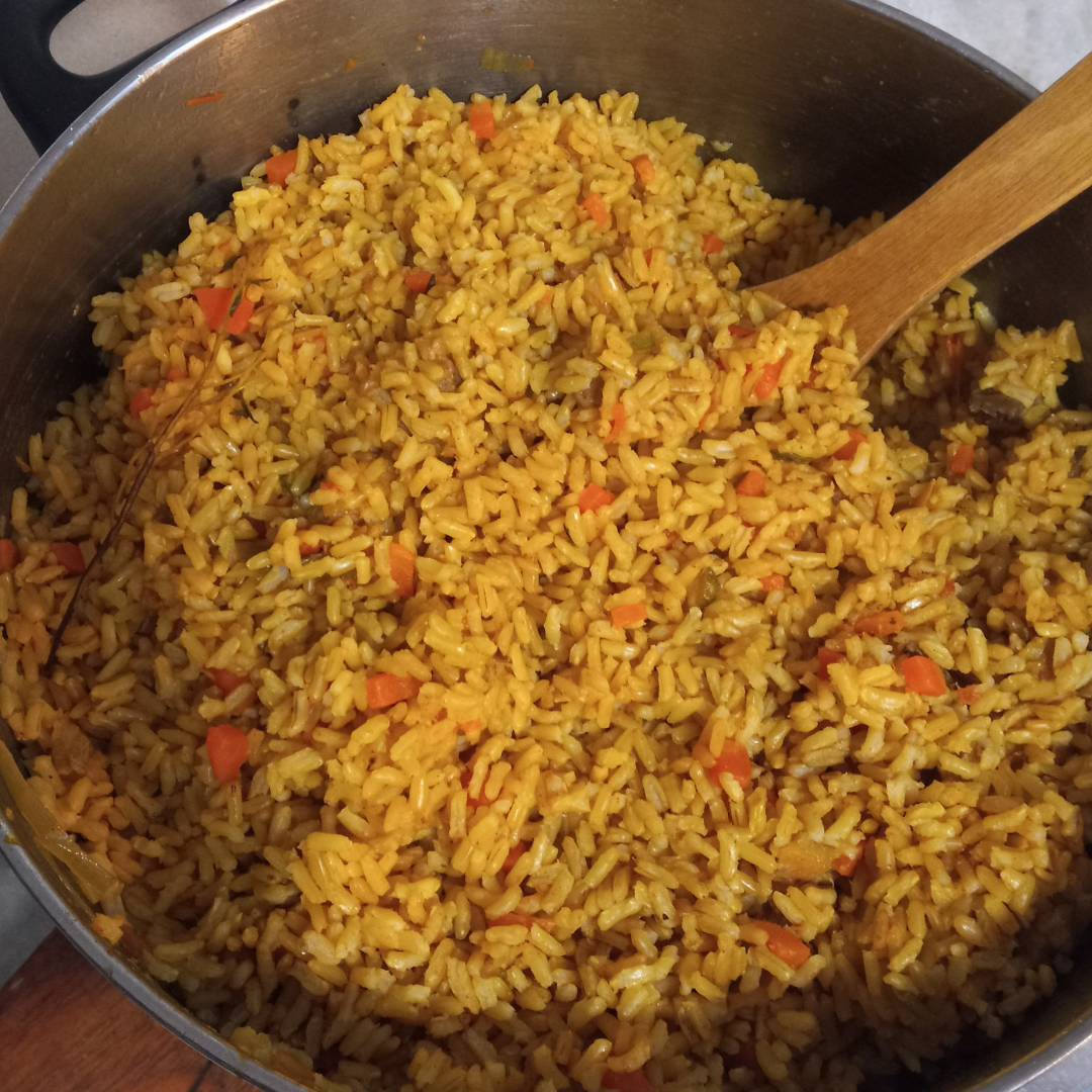 pot of sweet plantain vegetable rice