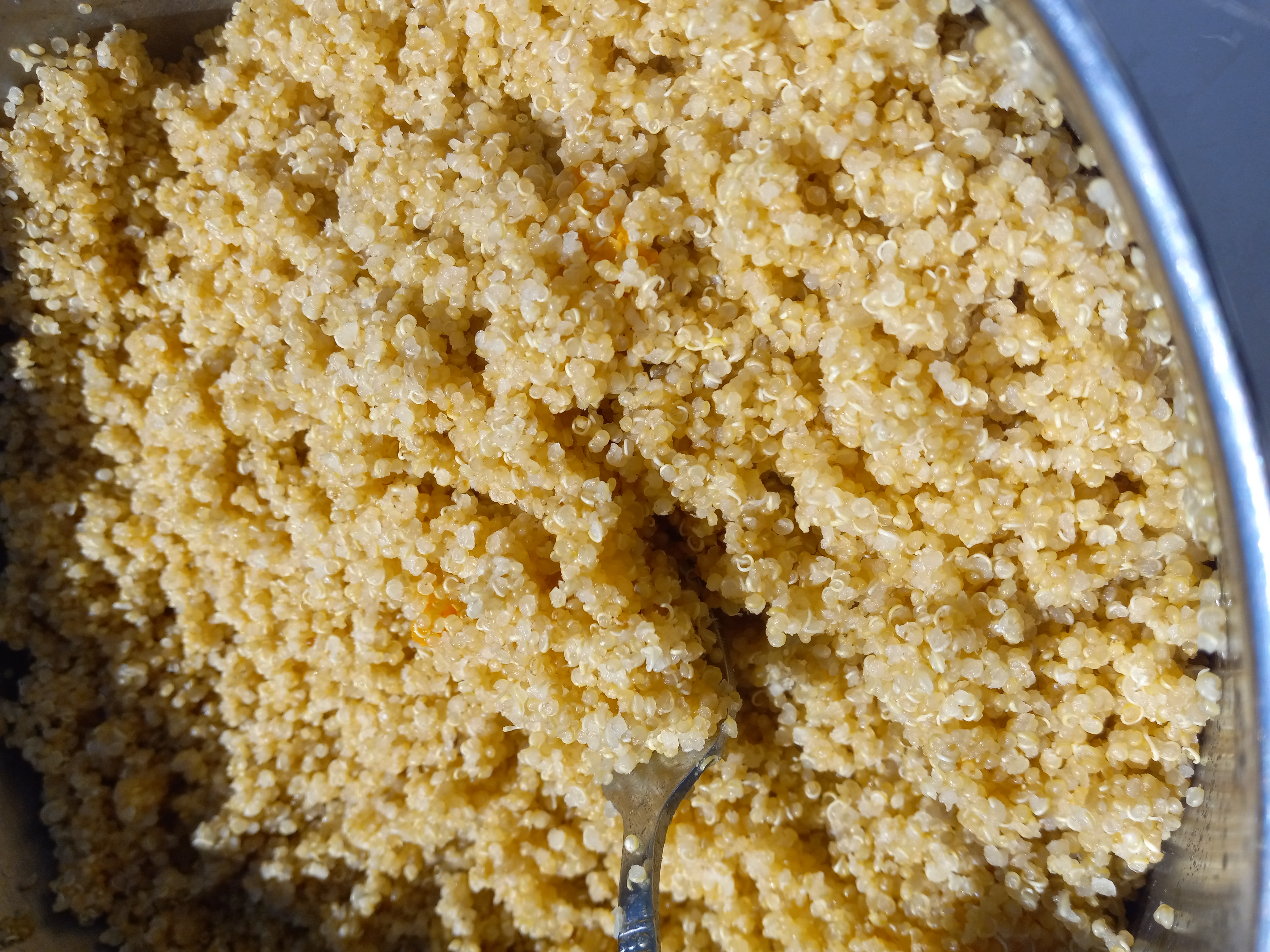 a pot of cooked quinoa with a fork in the middle