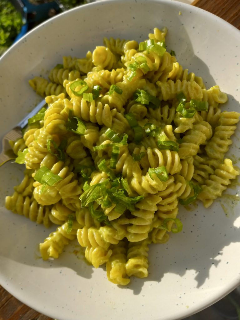 a white plate of creamy avocado pasta with tahini and green onions.