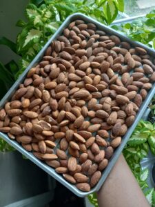 metal tray of toasted almonds