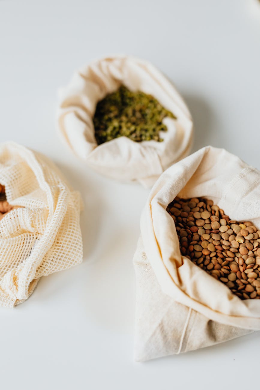 bags of beans against white background