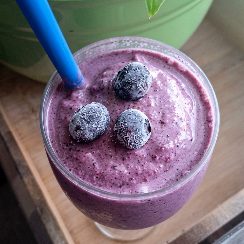 a glass of blueberry breakfast smoothie with 3 blueberries on top